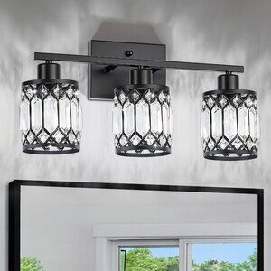 Crystal Modern Bathroom Light Fixtures, 3-Light Black Bathroom Vanity Wall Light